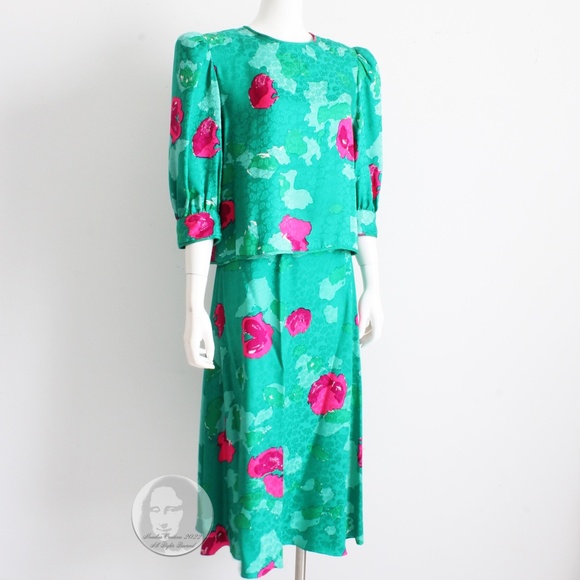 Flora Kung Blouse and Skirt 2pc Set Silk Abstract Floral Print Vintage 80s Sz 8 - Picture 3 of 10